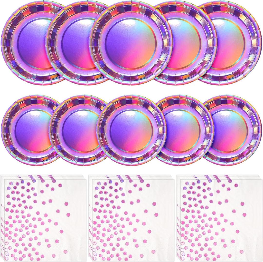 Iridescent Pink Party Supplies Decorations Serve 50, Hot Pink Holographic Paper Plates and Napkins Set, Disposable Iridescent Pink Paper Party Plates for Mermaid Birthday Wedding Party Supplies