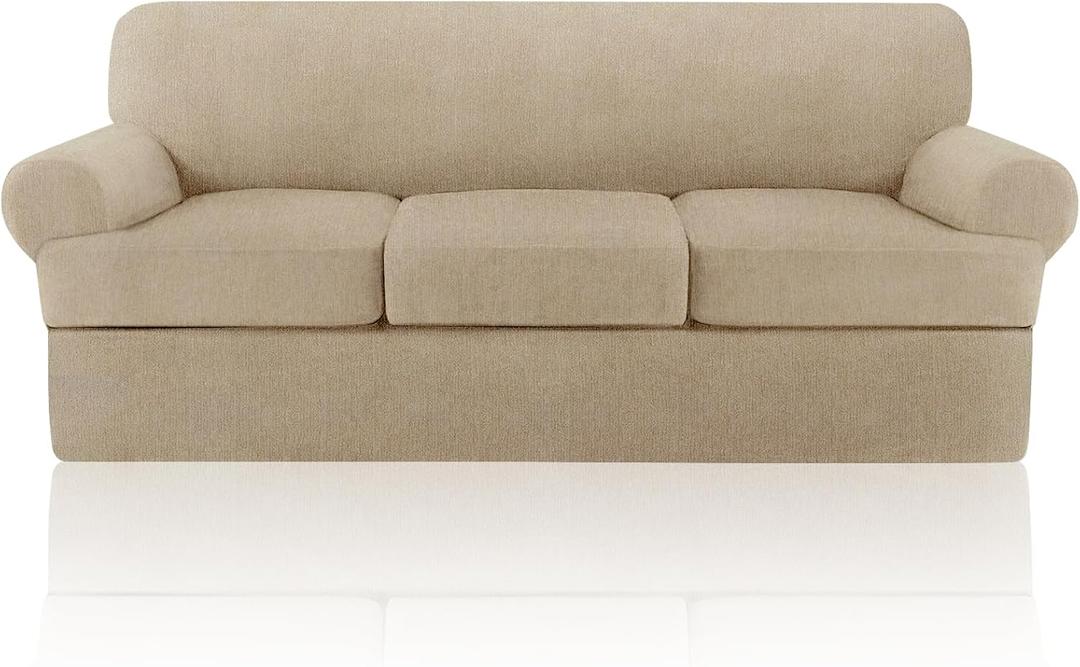 4 Piece T Cushion Sofa Slipcovers Stretch Couch Slip Cover for 3 Cushion Couch Sofa, Machine Washable for Living Room (Island Fossi, 3 Cushions)