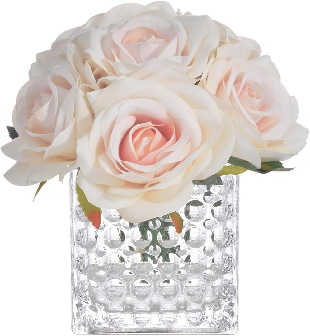 Fule Artificial Silk Rose Flower Centerpiece Arrangement in Glass Vase with LED Light for Home Wedding Decoration (Champagne)