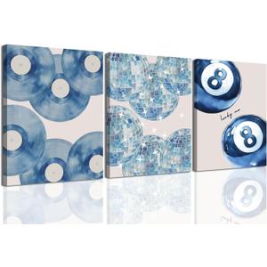 Trendy Blue Wall Art Set of 3, Preppy Navy Blue Wall Decor, Coquette Disco Lucky Me 8 Ball Poster Canvas Prints Aesthetic Pictures for Teen Girls Bedroom Living Room Dorm 16x24 inch Framed