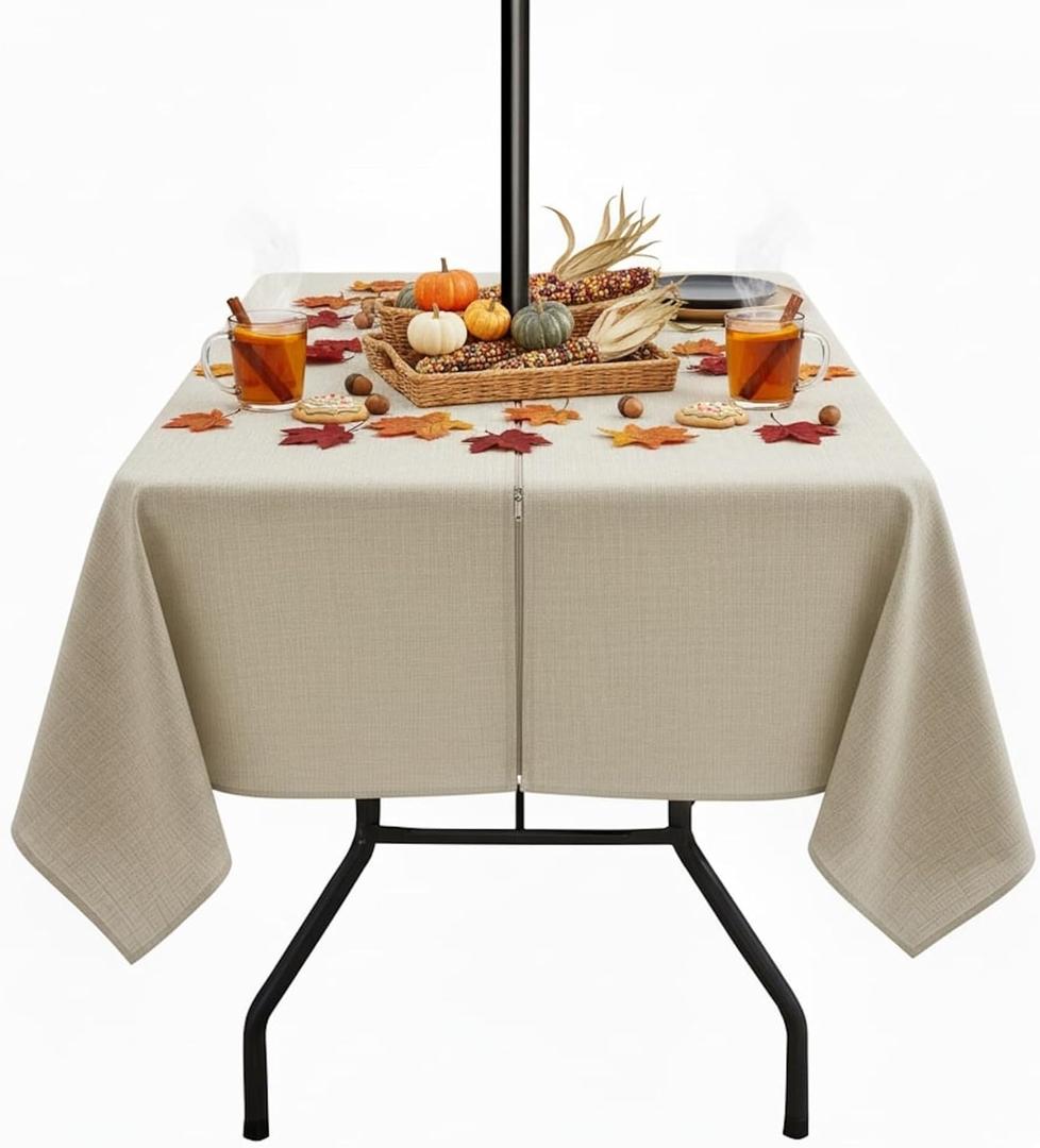 Outdoor Tablecloth with Umbrella Hole - Patio Table Cloth Zippered Square 60x60 Inch, Linen-Look Polyester Table Cover Water Resistant for Picnic Outside, Natural Color