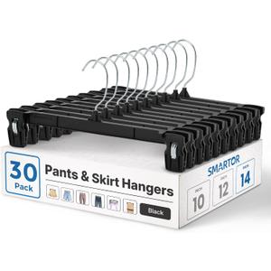 Smartor Plastic Pants Hangers - 30 Pack, Black Pant Hanger, Shorts Hangers with Non-Slip Clips, Dress, Heavy Duty Hanger for Trouser, Slack, Skirt, Demin Jean, Dress - 14 Inch