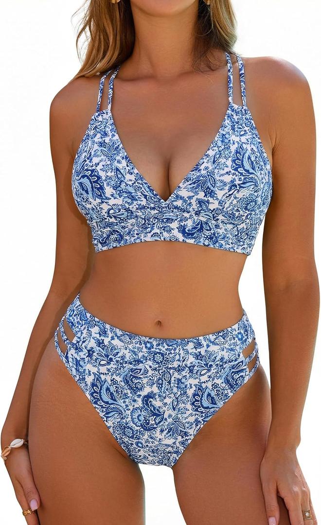Blooming Jelly Women's High Waisted Bikini Sets Color Block Two Piece Swimsuit V Neck Crisscross Back Bathing Suit (Small, Blue Floral)