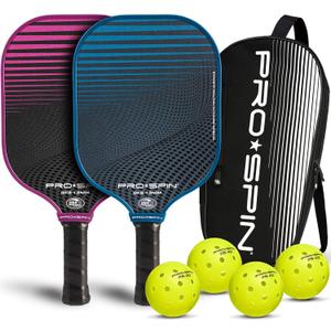 PRO-SPIN Carbon Fiber Pickleball Paddles Set of 2 or Single | Lightweight Pickleball Set with Indoor/Outdoor Balls, Bag & Covers  Durable Pickle Ball Paddle Gift for Men, Women & Families (2-Player Set | Blue/Pink)