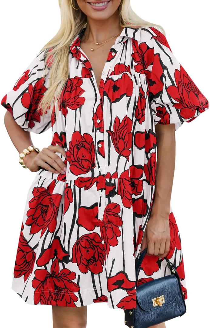 Women's Summer Short Puff Sleeve Floral Dress Button Down Loose Fit Casual Shirt Dresses (White, L)