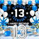 13th Birthday Decoration Set for Boys Girls, Official Teenager 13 Birthday Party Banner Backdrop, Large 13 Foil Balloons, Explosion Star Balloons, 13th Birthday Photo Props Decor, Blue Silver