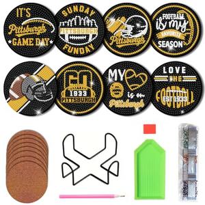 Bartogro 8 Pcs Diamond Painting Coaster Kits, DIY Football Diamond Art Coasters with Holder Sports Diamond Art Crafts Supplies for Pittsburgh Design