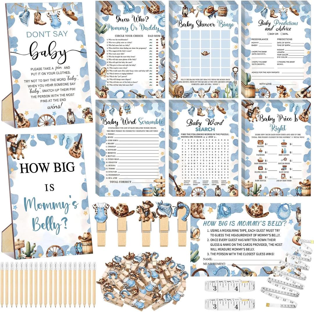 Funnymoom 426 Pcs Cowboy Baby Shower Games Set-8 Games, Includes Baby Shower Bingo, Price is Right, Guess Who, Word Scramble, Prediction and Advice, How Big is Mommy's Belly, Don't Say the Words