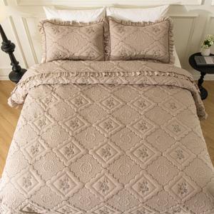 BOV Gray King-Size Ruffle Comforter Set - 3-Piece Bedding Set with Pillow Shams - 106x96 Inches - Elegant Shabby Chic Comforter for French Country & Farmhouse Style (Grey)