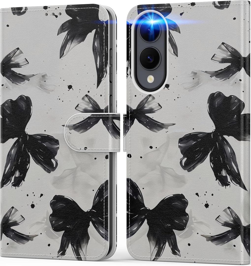 DEENAKIN for Samsung Galaxy S25 Edge Wallet Case with Card Holder + Cash Clip, RFID-Blocking, Military-Grade Protection & UV-Printed Artwork, Magnetic Closure with Leather Kickstand - Ink-Black Bow