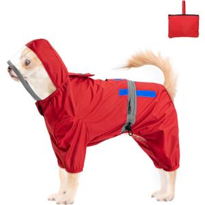 Waterproof Dog Raincoat,Full Coverage 4 Legs Dog Rain Jacket, Dogs,Pet Rain Coat with Hood,Reflective Strips&Leash Hole Outdoor Raincoat (X-Largefor Weight 11.1-14.6 lb, Red)