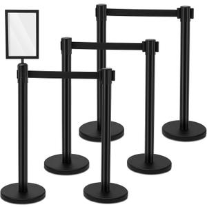 Geelin 6 Pack Heavy Duty Crowd Control Stanchions Stanchion Set with Safety Barrier Post with Retractable Belt and Sign Holder Crowd Control Barrier (9.8ft,Black)