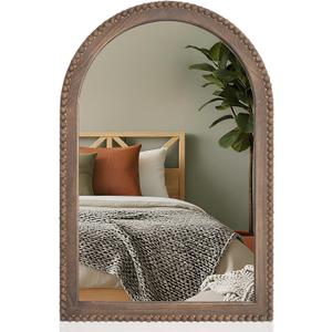Vercraft 30"x20" Arched Wall Mirror with Wooden Beaded Frame, Rustic Brown