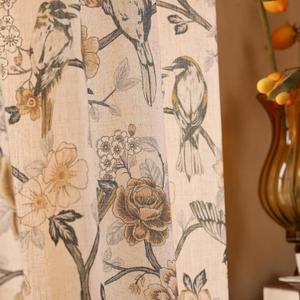 ISAENNE Vintage Beige Semi Blackout Curtains with Grommets,Floral and Bird Pattern Linen Home Decor Curtain for Kitchen Living Room Bedroom Window,2 Panels 53 Inches Wide by 79 Inches Long -Murad