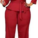ThusFar Plus Size 2 Piece Outfits for Women Blazer Top Long Sleeve Long Pants Sets Casual Elegant Business Suit with Belt (Red, XL)