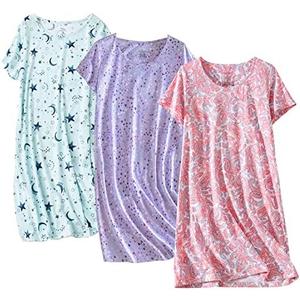 PNAEONG 3 Pack Women's Cotton Nightgown Sleepwear Short Sleeves Shirt Casual Print Sleepdress, L