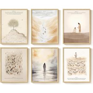 Framed Christian Wall Art Set of 6, Neutral Bible Verse Prints with Jesus Scripture Stories Inspirational Artwork, Religious Decor for Living Room Bedroom Classroom Prayer Room, 11x14 Inch