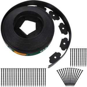 2 Inch Tall No Dig Durable Garden Landscape Edging Kit, Black Plastic Lawn Border with 24pcs Anchoring Spikes for Landscaping, Flower Gardens, Lawn (20FT+ 24pcs Anchoring Spikes)