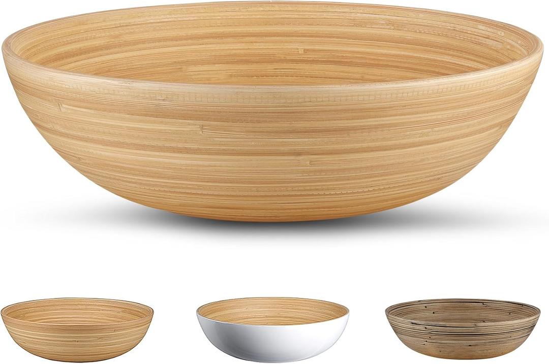 LEXA 12" Handmade Natural Bamboo Wooden Salad Bowl - 130 oz Lightweight Large Wooden Bowls for Food - Bamboo Wooden Fruit Bowl for Kitchen Counter, Wood Bowls for food - Wooden Serving Bowl for Snacks (Natural Wood)