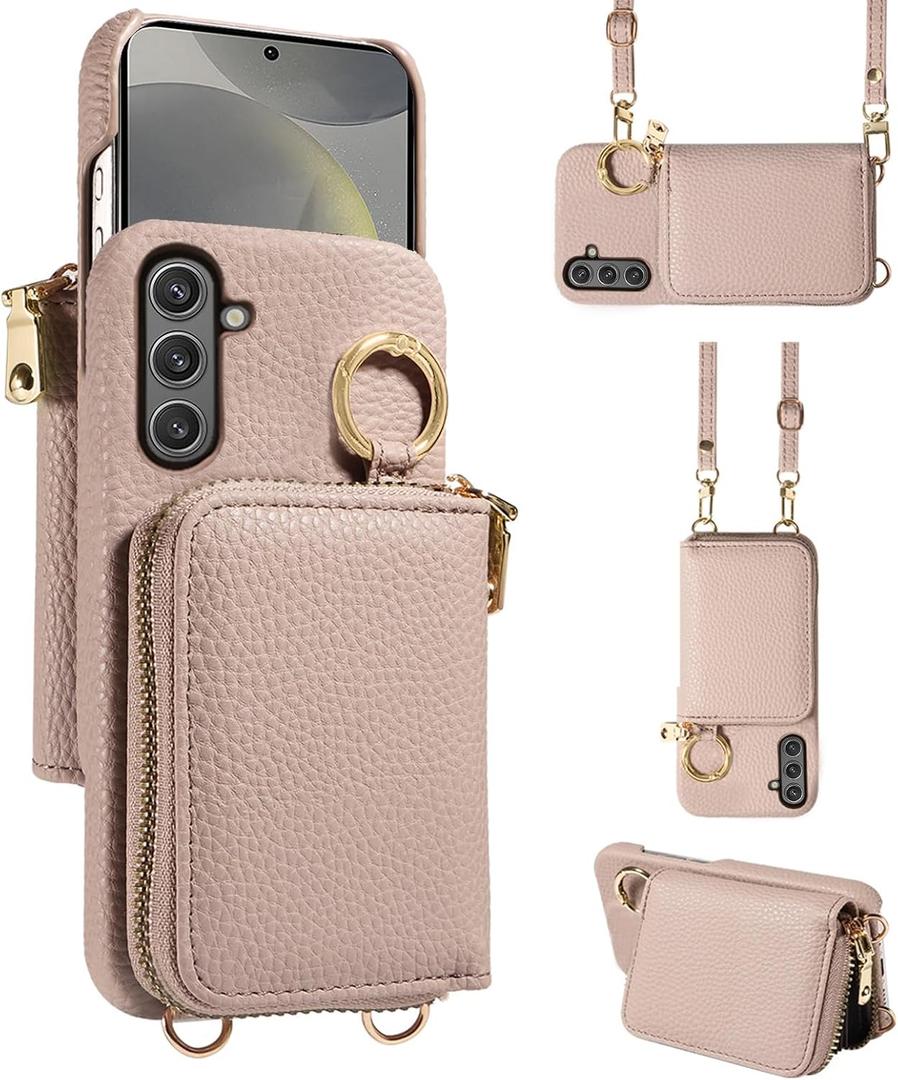 Wallet Case for Samsung Galaxy S25 Plus S25+ 5G with Shoulder Strap Ring Buckle, Luxury PU Leather Zipper Flip Organ Purse Card Holder Stand Full Body Cell Phone Cover for S25Plus 25S 25+ Khaki