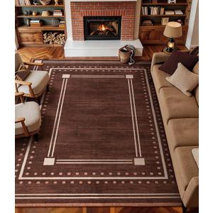 Brown Bordered Rugs for Living Room 8x10, Non-Slip Washable Farmhouse Bedroom Rug, Ultra-Soft Low-Pile Indoor Carpets, Stain-Resistant Vintage Polka Dot Rugs for Dining Room, Office