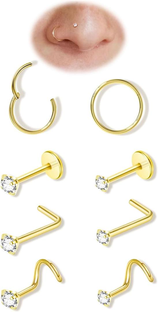 8PCS Titanium Nose Rings Stud, Gold Nose Ring for Women Men Hypoallergenic Nostril Hoops L Shape Nose Studs Corkscrew CZ Nose Piercing Jewelry Silver 18G & 20G Nose Ring Studs 2/2.5/3mm