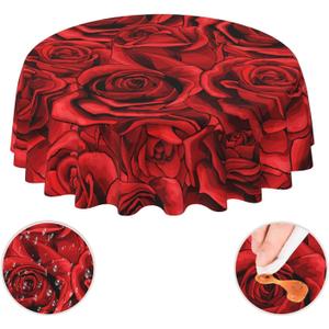 Anniversary Valentine'S Day Rose Flower Floral Red Waterproof Picnic Patio Party Round Table Cloth Cover Decorations Fabric 60 Inch Circular Tablecloth For 20-47 Inch Home Dining Room Kitchen Decor (Black15)