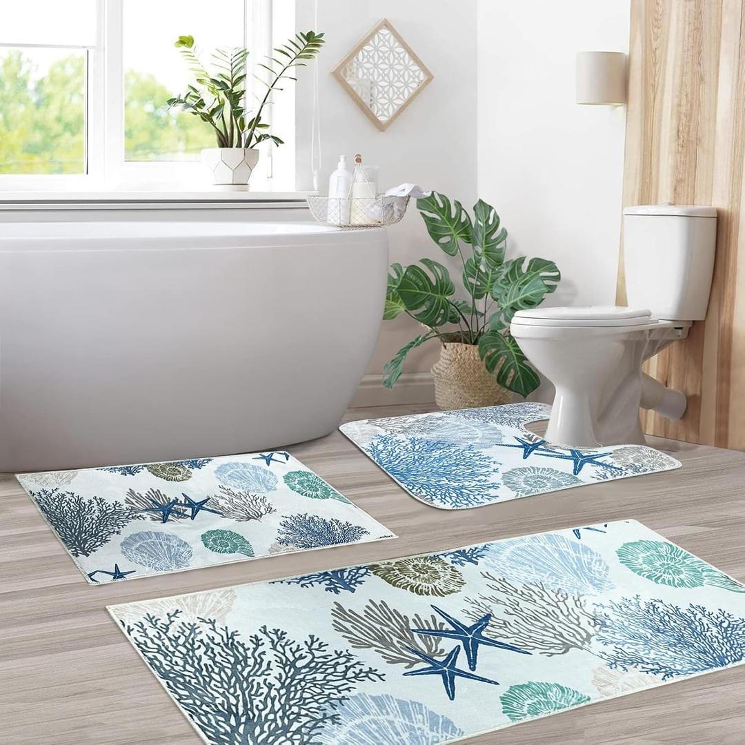 Sea Life Bathroom Rugs Sets 3 Piece Blue Runner Bath Mat Set with U Shaped Toilet Rug Non Slip Washable Bath Rugs for Sink Tub (Sea, 16x28+16x47+U Shape 20x24 inch)