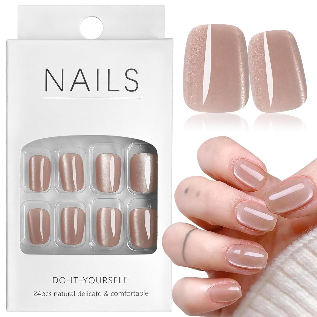 Nude Cat Eye Press on Nails Short Coffin Fake Nails Acrylic Nails Press on Full Cover Glue on Nails Glossy False Nails 24pcs Cat Eye Nails