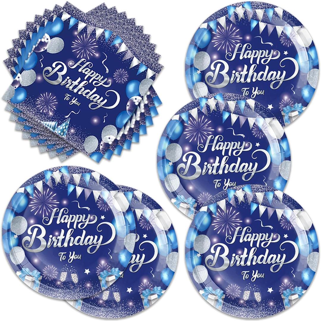 40Pcs Blue and Sliver Birthday Party Supplies for 20 Guests Tableware Set Confetti Sprinkles Plates and Napkins for Women Men Blue and Sliver Birthday Party Decorations