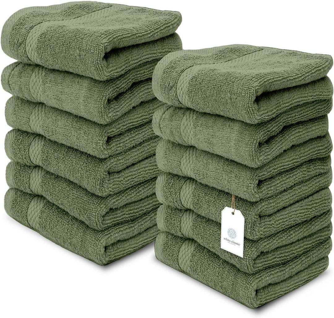White Classic Luxury Cotton Washcloths 13x13 Inch - 650 GSM Turkish Cotton | Hotel, Spa, Bathroom Face Towel | 12 Pack, Forest Green