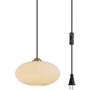 KCO Lighting Mid Century Plug in Hanging Light Modern Milk Glass Pendant Light White and Gold Plug in Chandelier Lighting with Long Cord Vintage Striped Glass Hanging Ceiling Lighting, L1150-A-Plug