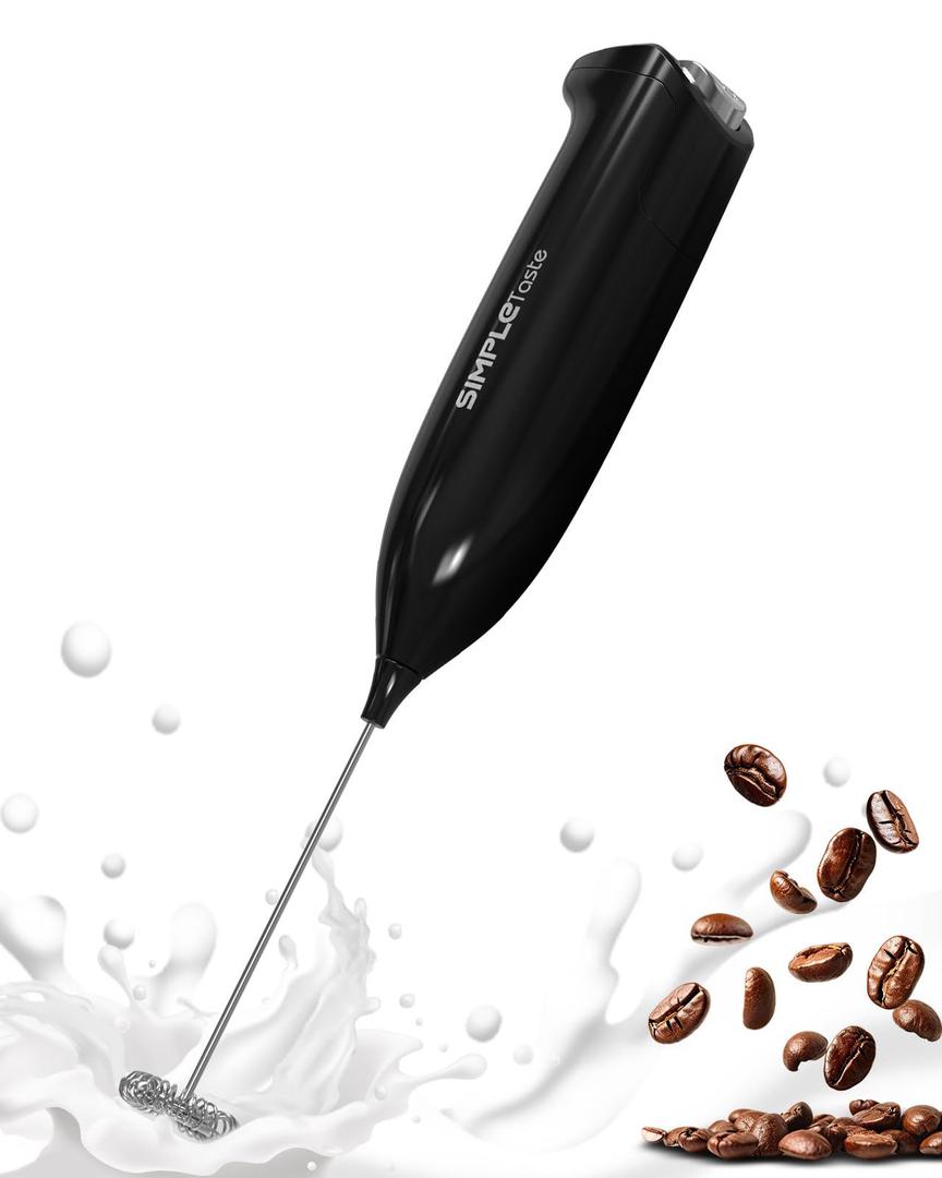 SIMPLETASTE Milk Frother Handheld Electric Foam Maker, Drink Mixer with Stainless Steel Whisk for Cappuccino, Bulletproof Coffee, Latte, Midnight Black, without Stand, Battery Operated