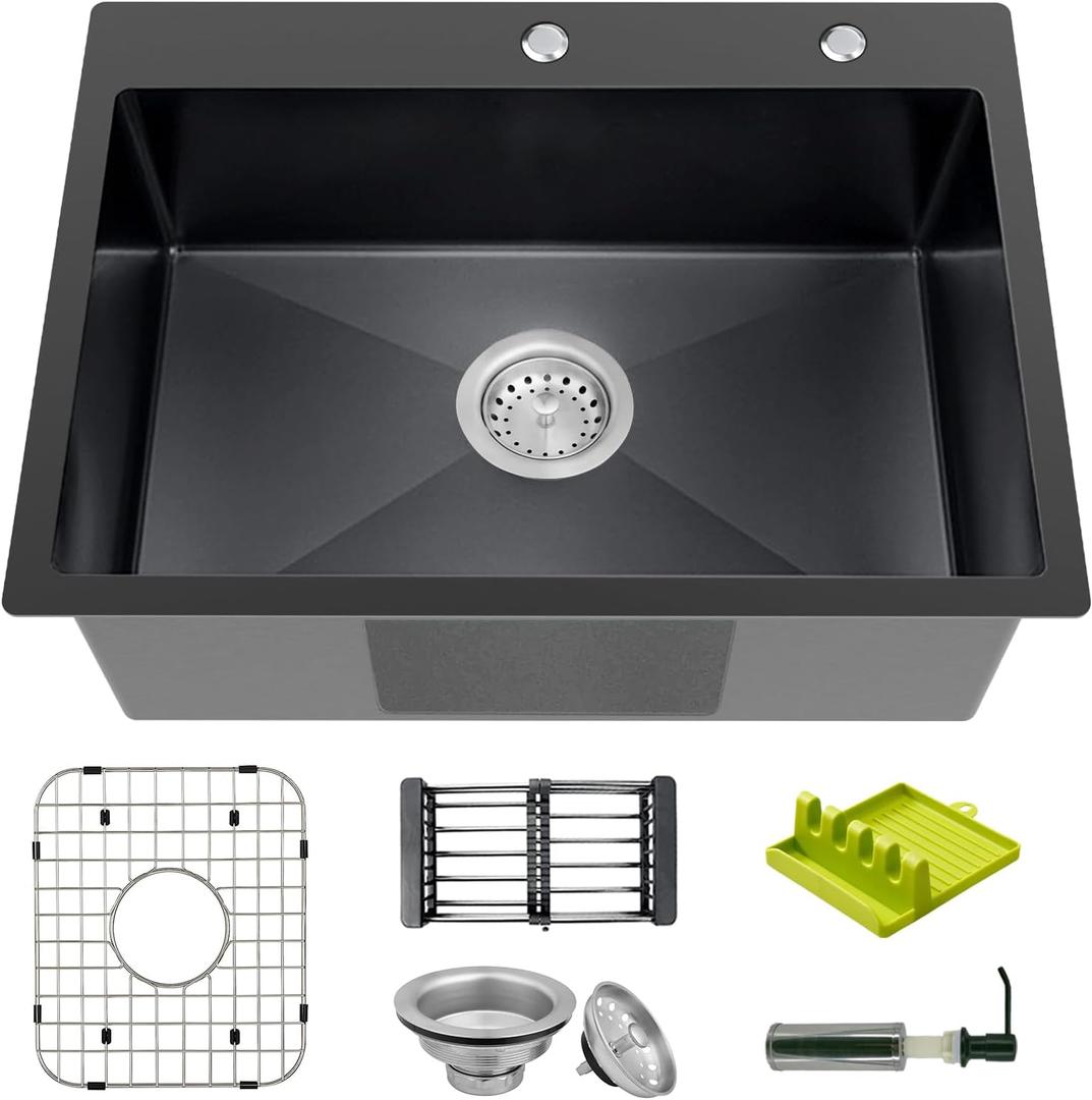 Black 25x18 Inch Kitchen And Bar Sink-Stainless Steel Drop In Single Bowl Topmount Kitchen&Bar Sink With SS Grid,Soap Dispenser,Colander,Spoon Rest,Drain Strainer Set for Modern Kitchen Sink, 25x18x9 inches