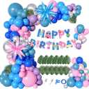 Ouddy Life 160Pcs Pink and Blue Balloons Arch Kit Purple Metallic Silver Star Foil Balloon Happy Birthday Banner Palm Leaves for Birthday Hawaii Tropical Summer Baby Shower Cartoon Party Decorations