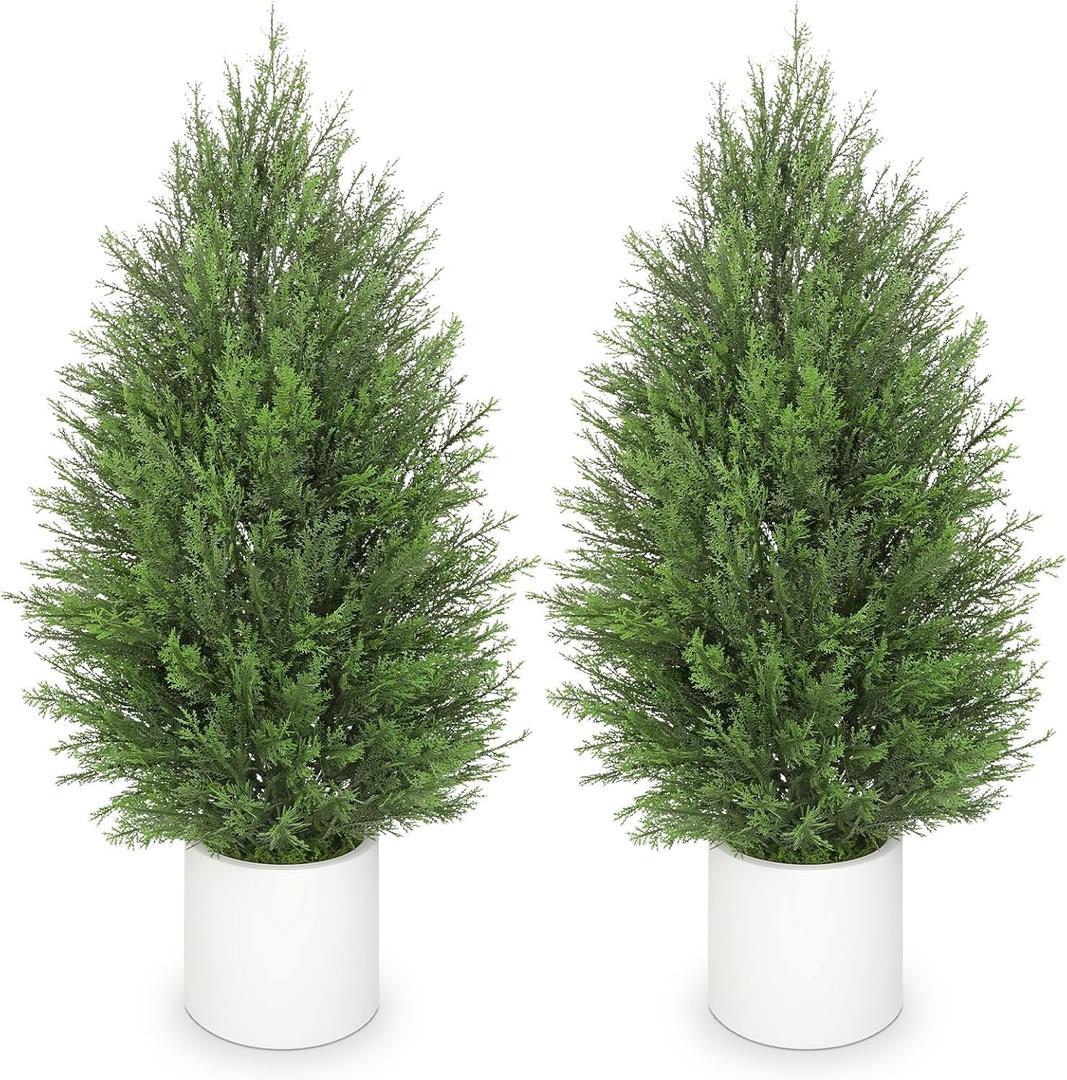 Briful 3ft Artificial Cedar Topiary Trees, Set of 2 Realistic Faux Cypress Outdoor Plants, Fake Front Porch Trees, UV Protection Patio Trees in White Pot for Outside