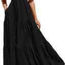 PRETTYGARDEN Womens Summer Puff Short Sleeve Maxi Dress Square Neck Smocked Tiered Ruffle A Line Long Flowy Beach Dresses (Black, Large)