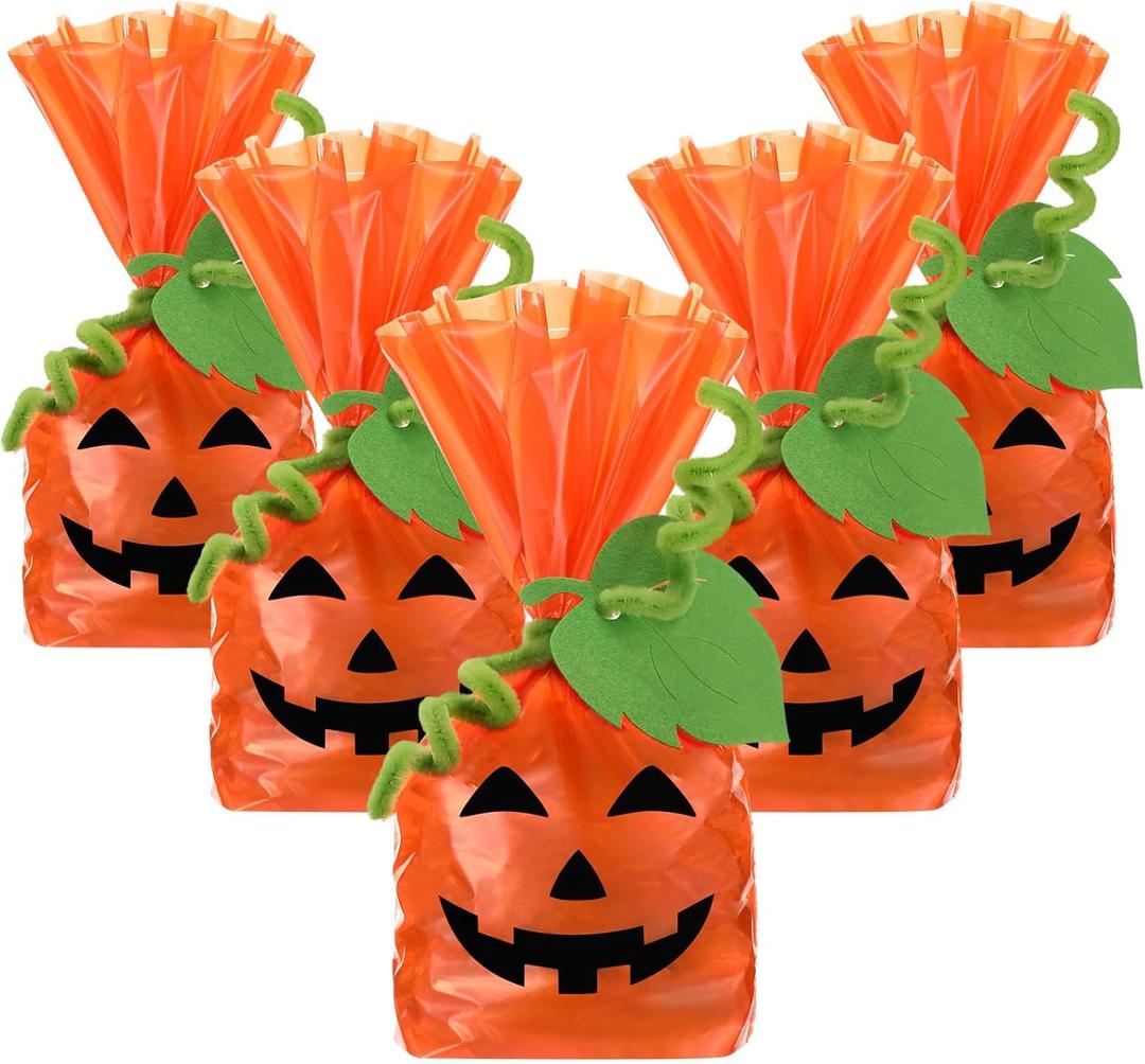 Resurhang 50 Set Halloween Cellophane Pumpkin Treat Bags with Felt Leaves and Twist Ties, Plastic Pumpkin Smile Goodies Gift Bags for Candy Bakery Popcorn Cookies Dessert Halloween Fall Party