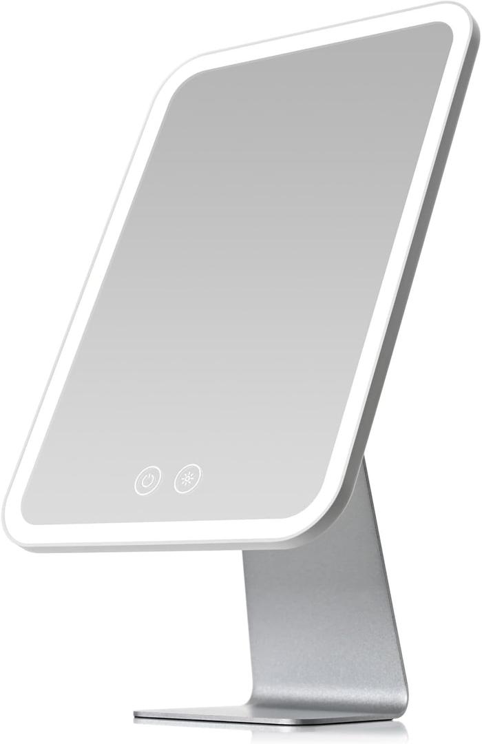 Lighted Makeup Mirror, Metal Table Mirror with Stand, 2000 mAh Rechargeable Vanity Mirror with 3 Colors and Brightness Adjustable, 12 Inch Light up Mirror (12"x7" White)