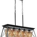 Rattan Chandelier Dining Room Kitchen Island Lighting Fixtures,Modern Black Farmhouse Kitchen Chandeliers Over Table,5-Light Boho Rustic Rectangular Pendant Light