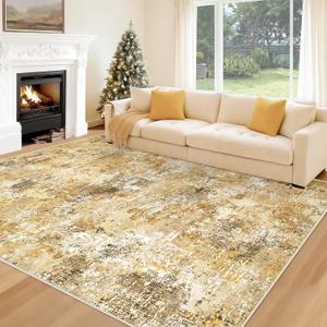 Area Rug 5x7 Washable Rug: Modern Abstract Living Room Rugs Large Neutral Non-Slip Rug Soft Low Pile Stain Resistant Carpet for Bedroom Office Dining Room Indoor (Golden Brown, 5' x 7')