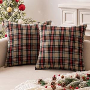 MIULEE Christmas Set of 2 Scottish Tartan Plaid Throw Pillow Covers Farmhouse Classic Decorative Outdoor Square Cushion Cases for Decor Sofa Couch 18x18 Inch, Khaki