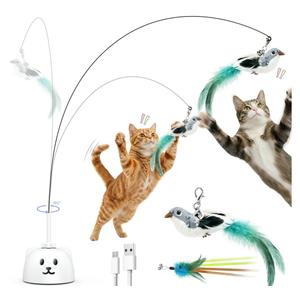 Interactive Cat Toys for Indoor Cats - Automatic Flying Bird Feather Toy, USB Rechargeable Electric Cat Teaser with Sticky Suction Base, Smart Motion Activated Self-Play Enrichment Toy for Bored Cats
