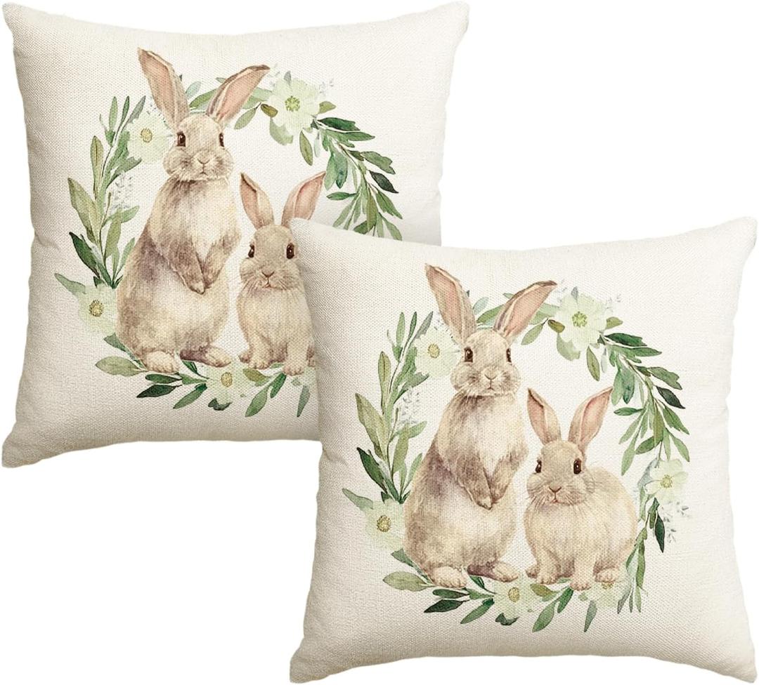 AVOIN colorlife Easter Bunny Wreath Throw Pillow Covers, 18 x 18 Inch Rabbits Eucalyptus Leaves Cushion Case Decoration for Sofa Couch Set of 2