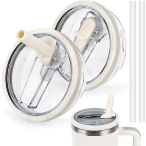 2 Pack 40 Oz Tumbler Flip Straw Lid Compatible with Stanley, Leakproof and SpillProof Splash Reusable Tumbler Cover Compatible with Stanley Cup Accessories (Beige)