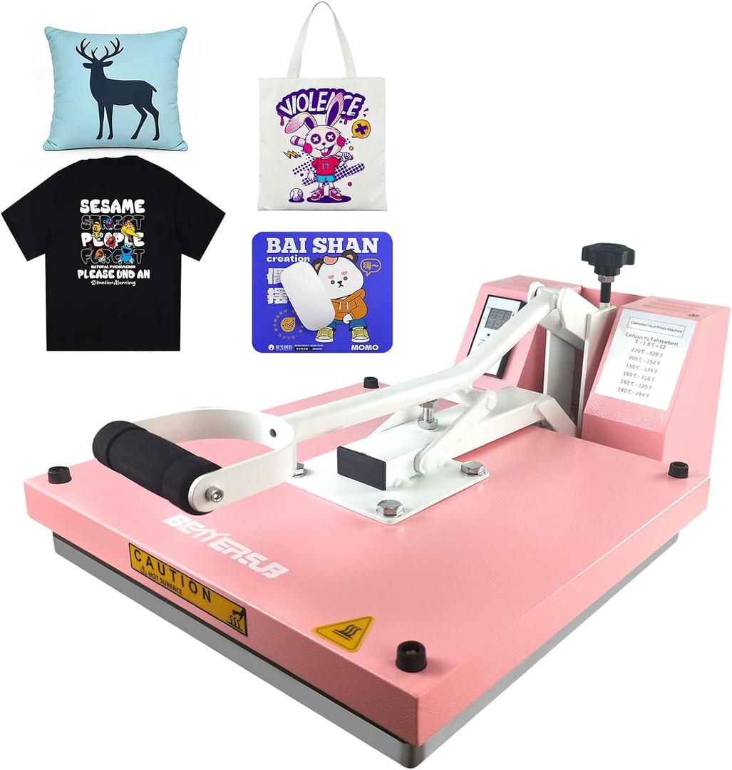 BetterSub Industrial 15"x15" Clamshell Heat Press Machine for T-Shirts, Sublimation, Vinyl & HTV - Digital Control, Non-Stick Teflon Plate, Safety Features for DIY/Home/Business (Pink)