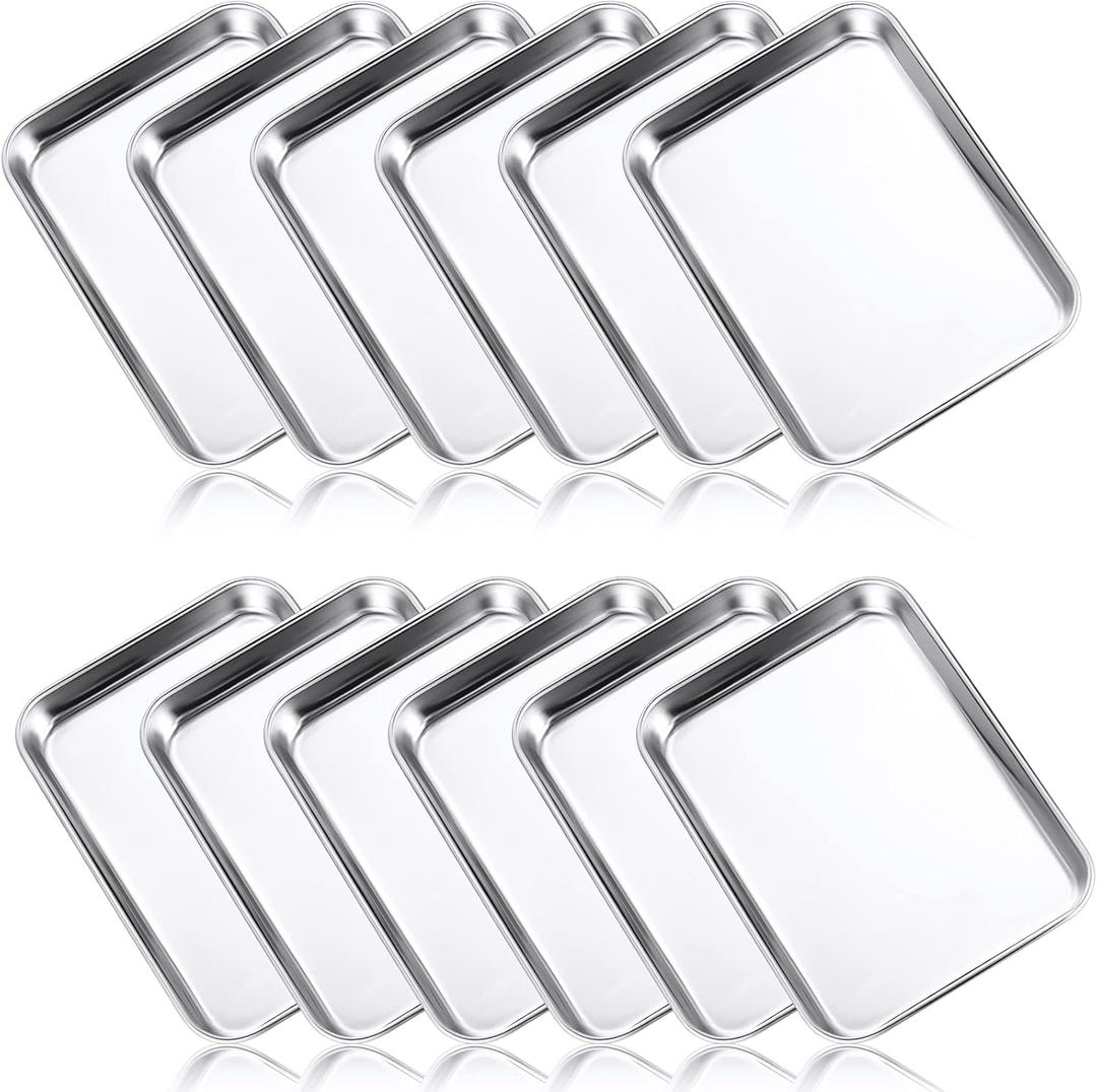 12 Pcs Baking Sheet Stainless Steel Cookie Small Metal Sheet Pans Professional Rectangle Oven Trays Kitchen Baking Cooking Oven and Toaster, Dishwasher Safe (7.1 x 5.1 Inch)