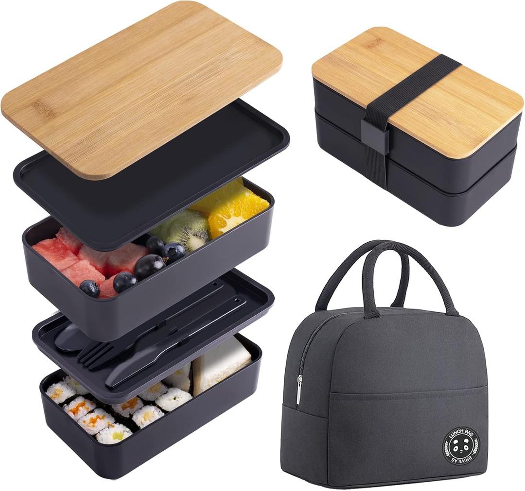 Japanese Bamboo Bento Box with Compartments and Utensils Stackable Lunch Box Includes Lunch Bag for Meal Prep Black (42 OZ)
