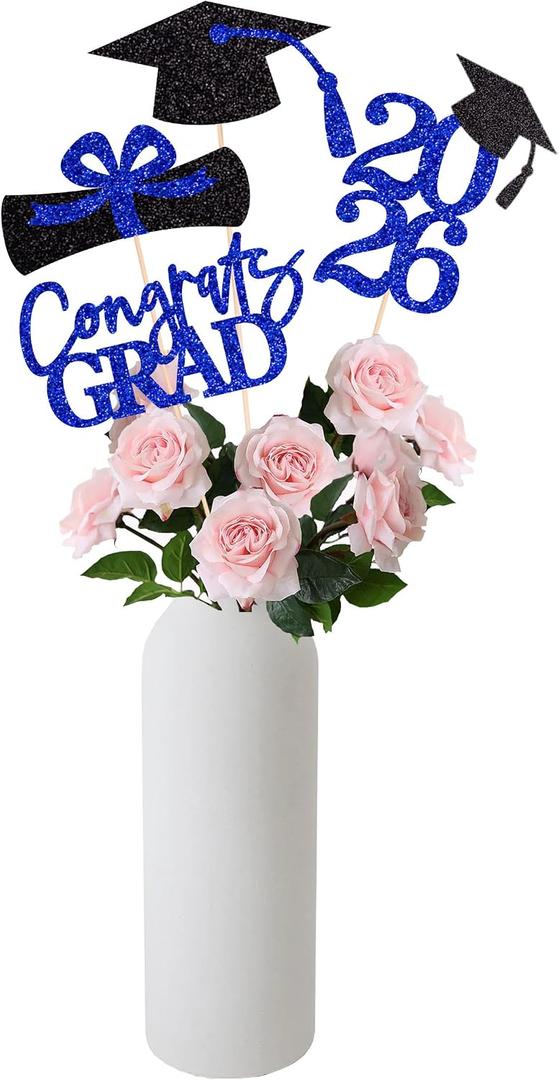 4 x 16PCS Graduation Decorations Class of 2026 Congrats Grad Table Centerpieces, 2026 Table Toppers Party Favor Centerpiece Sticks Party Supplies, Set of 4 (Blue, Black)