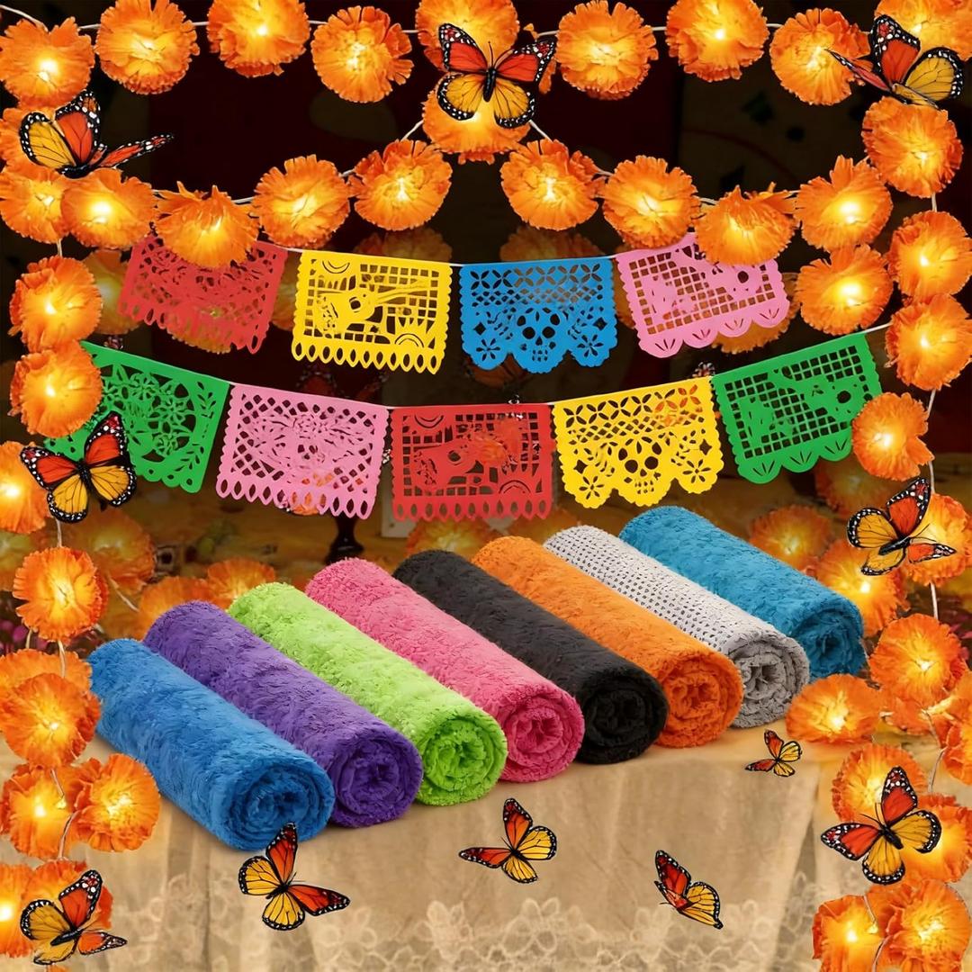 2 Pack Marigold Garland Day of The Dead Decorations Set, Total 20Ft 40 Lighted Artificial Marigold Flowers 24 Butterfly and 9 Plastic Papel Picado for Dia De Los Muertos Indian Diwali Altar Decor